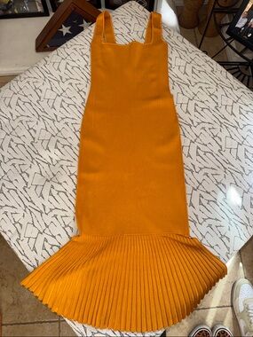 Galvan London Ribbed Knit Fishtail Midi Dress – Orange / Marigold – Pleated Hem